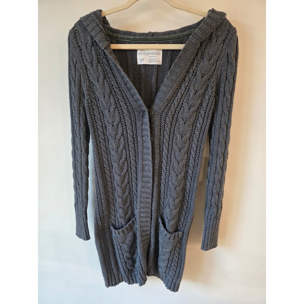 Aeropostale Womens Charcoal Gray Cable Knit Hooded Longline Cardigan Sweater S